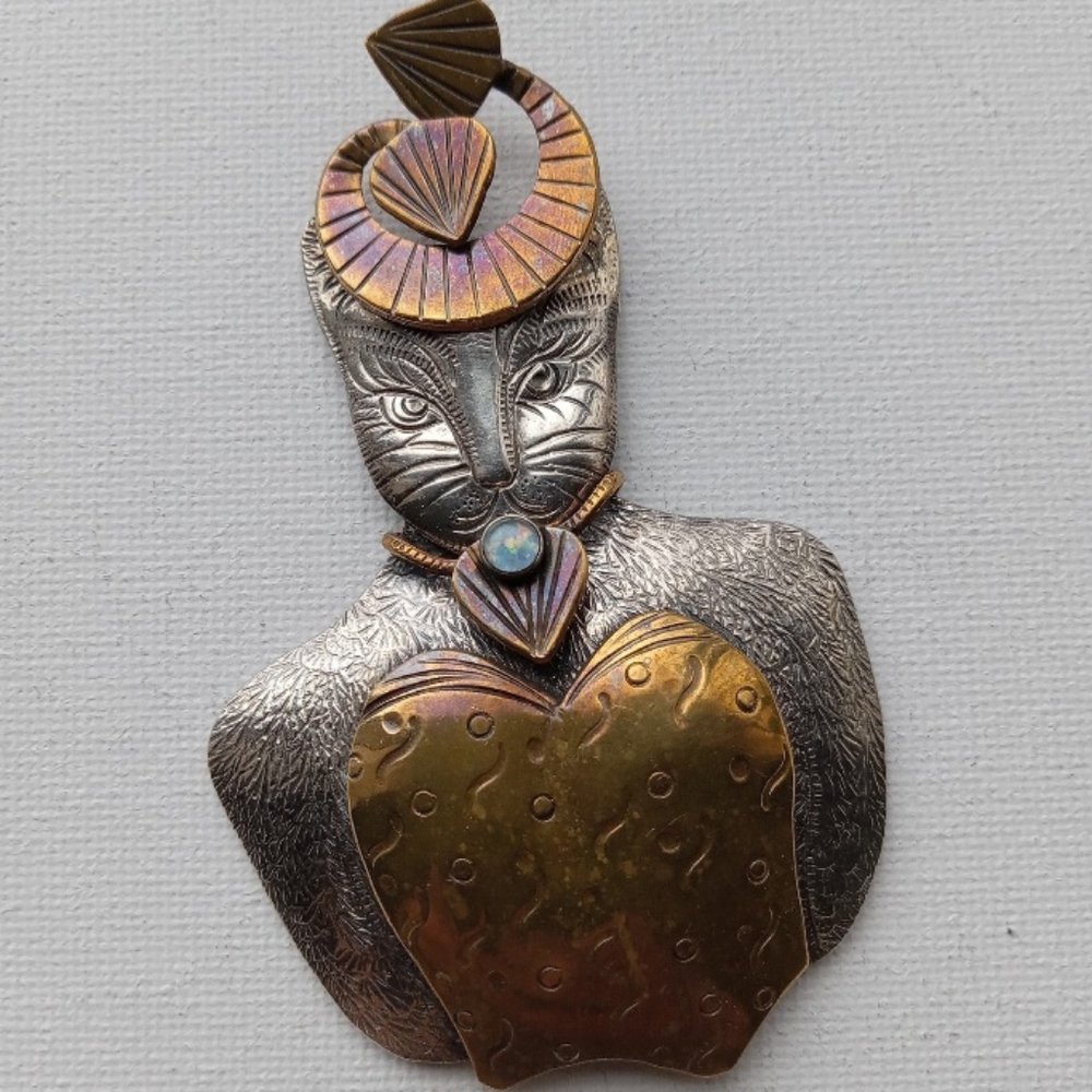 SOLD!! Solid Sterling Silver and Opal Cat Brooch